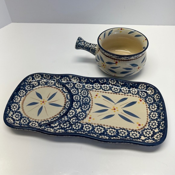Temptations Old World Blue Handled Soup Mug and Rectangle Tray Dish Stoneware - Picture 7 of 7